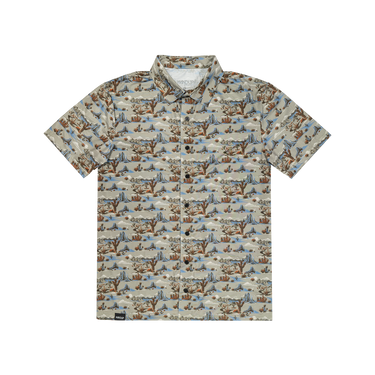 Short-sleeve shirt with nature-themed pattern on a white background