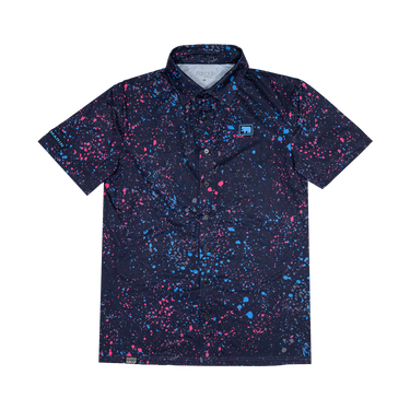 Short-sleeve shirt with colorful splatter pattern on a white background