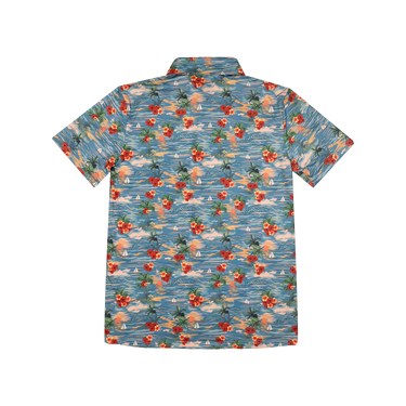 Short-sleeve shirt with a colorful floral pattern on a white background
