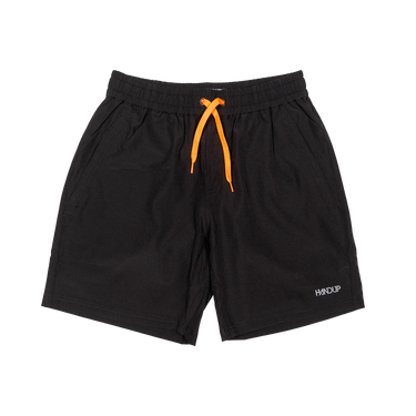 Black athletic shorts with an orange drawstring and a small white 'HANDUP' logo on the lower left hem, shown against a plain white background.