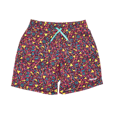 A pair of mens' swim trunks featuring a vibrant, multicolored retro pattern with pink, yellow, blue, and teal elements, complete with a light blue drawstring and a small white 'WILD' brand logo on the lower right leg.