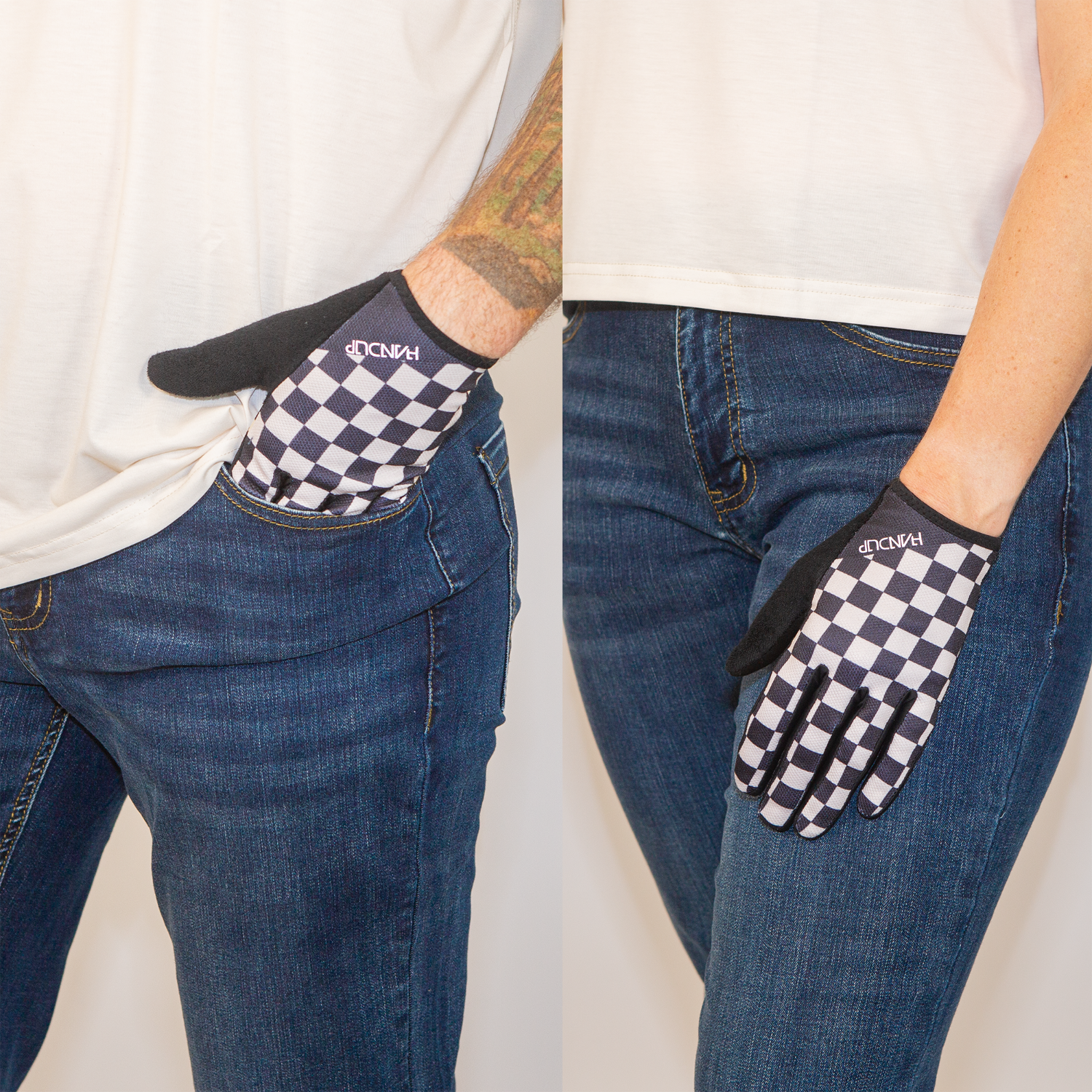 Person wearing checkered gloves with a brand logo, paired with blue jeans on a plain background.