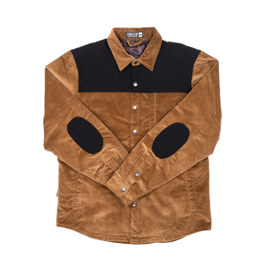 A long-sleeve button-up shirt in brown corduroy with a black yoke panel across the chest, black elbow patches, and silver snap buttons, shown flat against a white background.