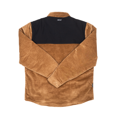 A long-sleeve button-up shirt shown from the back, featuring a color-blocked design with a black upper yoke and a warm brown lower body and sleeves. The fabric has a soft, velvety texture.