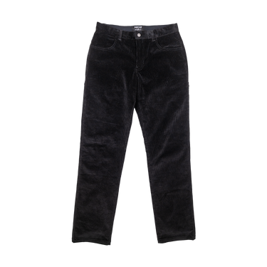 Black corduroy pants with a straight-leg fit, displayed flat against a solid white background.