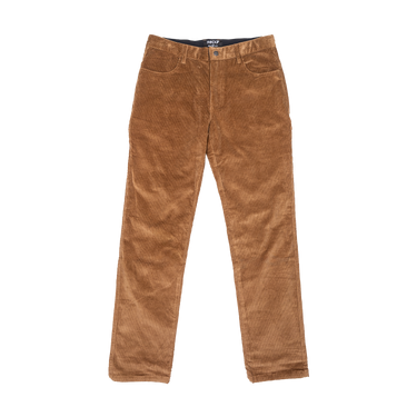 A pair of brown corduroy pants laid flat against a solid white background.