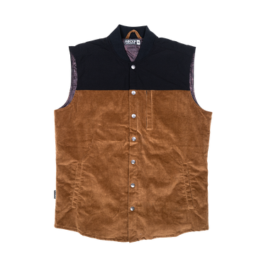A sleeveless corduroy vest with a color-blocked design, featuring a black quilted yoke and collar, and a brown corduroy body with silver snap buttons down the front.