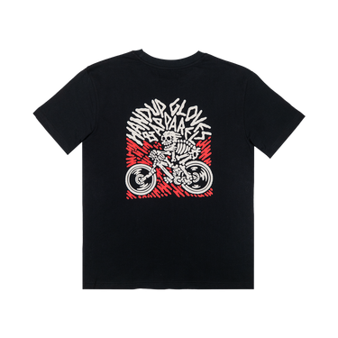 A black short-sleeve t-shirt with a large graphic print on the front showing a skeleton riding a motorcycle over a red patterned background, with the text 'HANDS GLOVES SHIRTS' in white above it.