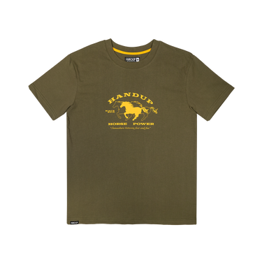 An olive green short-sleeve t-shirt with a yellow graphic on the chest featuring a horse and the text 'HANDUM HORSE POWER'. The brand 'HOF' is visible on the inner neck label and a small hem tag.