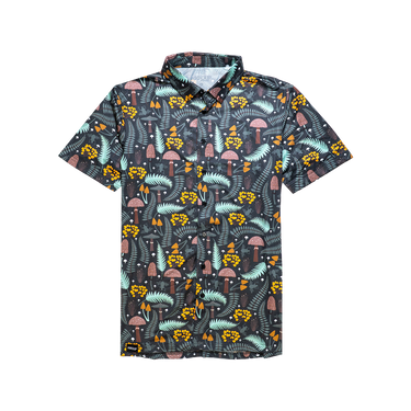 A short-sleeved button-up shirt with a green floral pattern on a dark background, designed for girls.