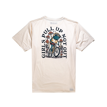 Beige t-shirt with graphic design and text on a white background