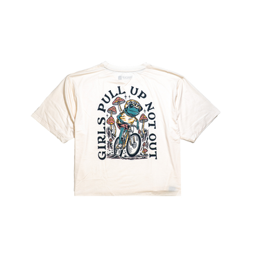 Beige t-shirt with graphic design and text on a white background