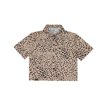 Beige short-sleeve shirt with black pattern on a white background