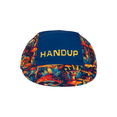 Blue cap with colorful pattern and 'HANDUP' text on a white background