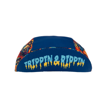 Blue bucket hat with colorful pattern and 'Trippin & Rippin' text on a white background