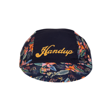 Floral-patterned cap with 'Handup' text on a white background