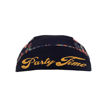 Black visor with colorful pattern and 'Party Time' text on a white background
