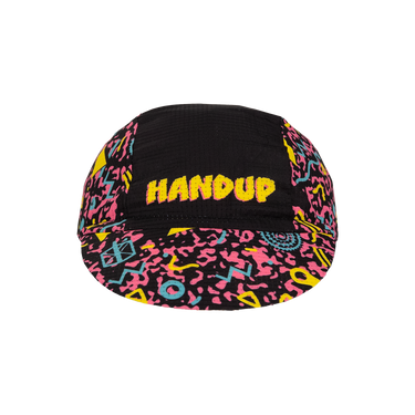 Black cap with colorful pattern and 'HANDUP' text on a white background