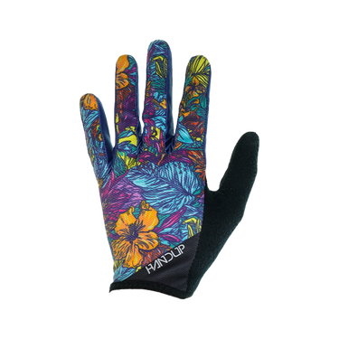 A multicolored floral pattern glove designed for biking, with black grip on the palm and brand logo 'HANDUP' on the back.