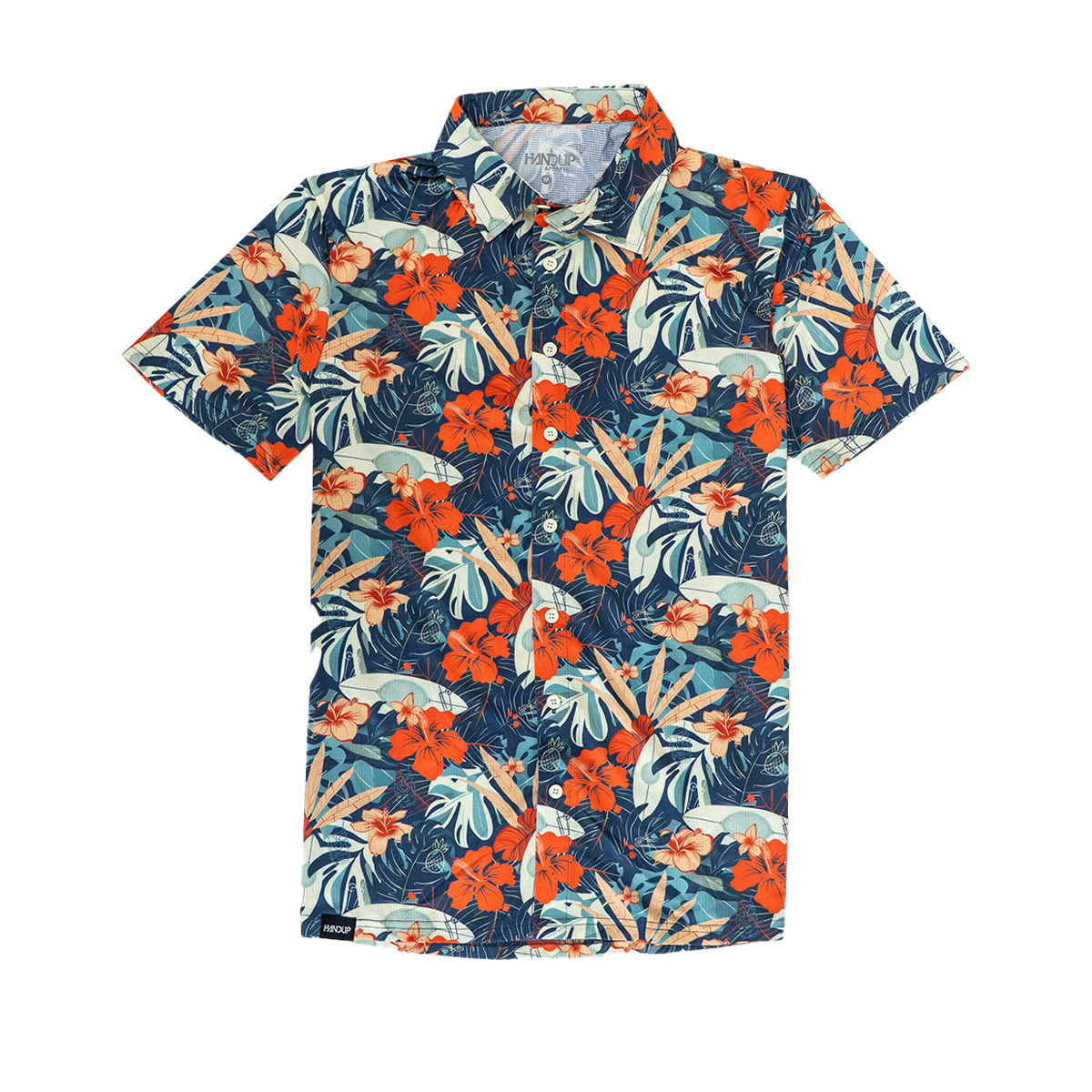 A button-up shirt with a floral print featuring orange flowers and green leaves on a dark background.