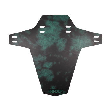 A black and teal tie-dye motorcycle mudguard plate with mounting holes, featuring the HANDUP brand logo at the bottom.