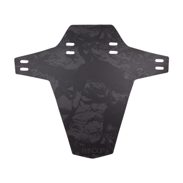 A black metal bicycle frame protector plate with a subtle dark gray mountain camouflage pattern, featuring mounting holes and the HANDUP brand logo at the bottom, shown on a solid white background.