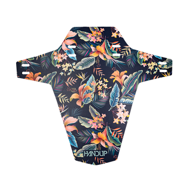 Motorcycle number plate with tropical floral design on a dark background