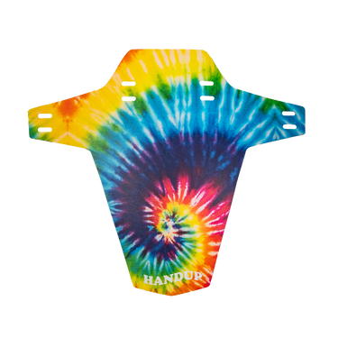 Tie-dye fender with colorful spiral pattern on a white background