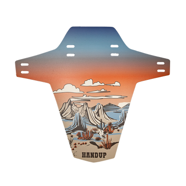 Bicycle fender with desert landscape design and 'Handup' branding on a white background