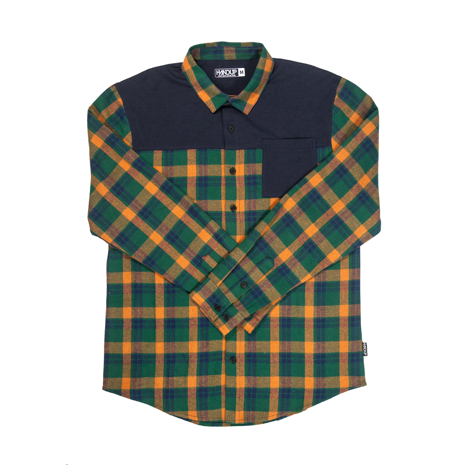 Plaid shirt with green and orange pattern on a white background