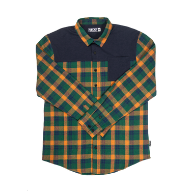 Plaid shirt with green and orange pattern on a white background