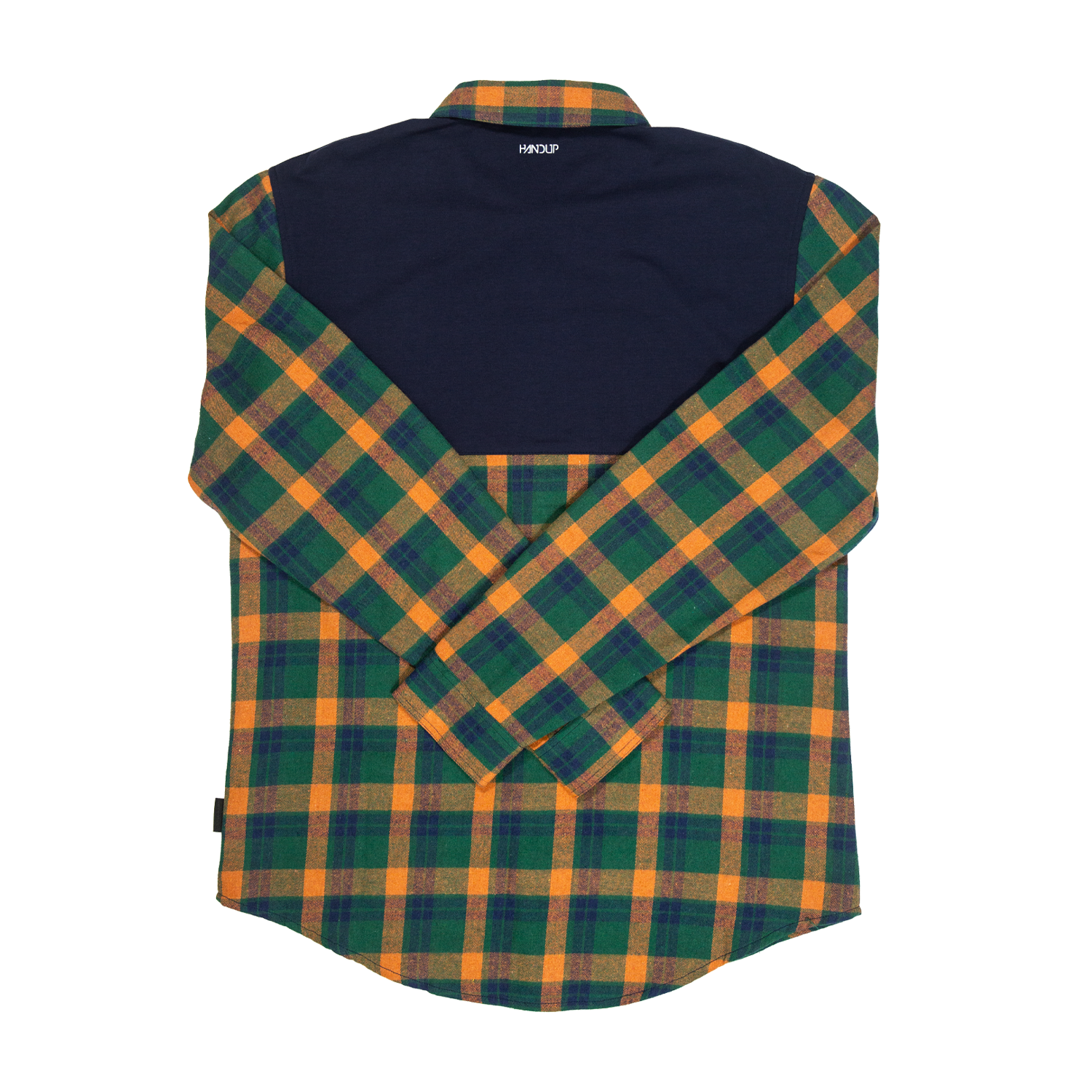 Plaid shirt with green and orange pattern on a white background