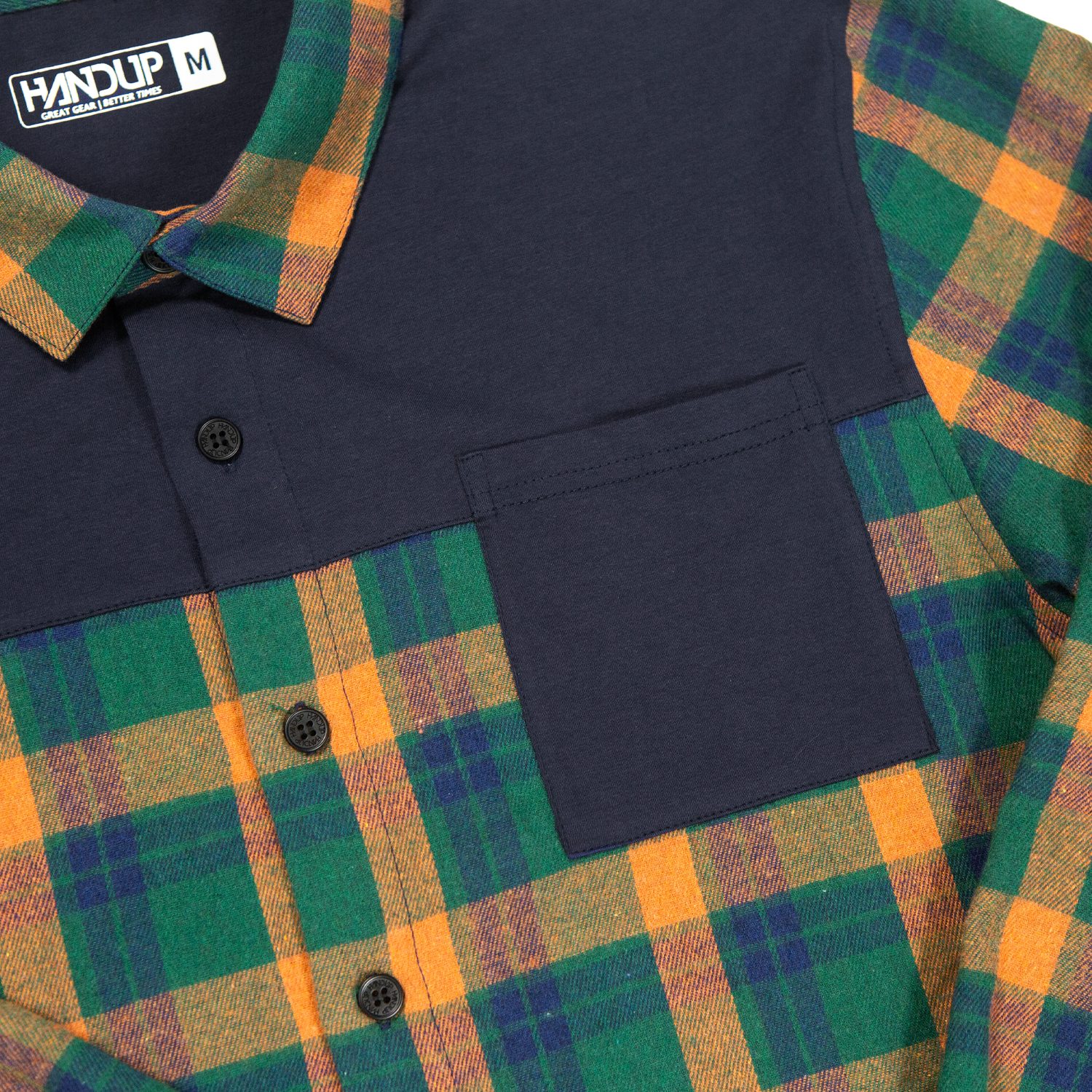 Navy and plaid shirt with 'Had Up' brand logo on a checkered background