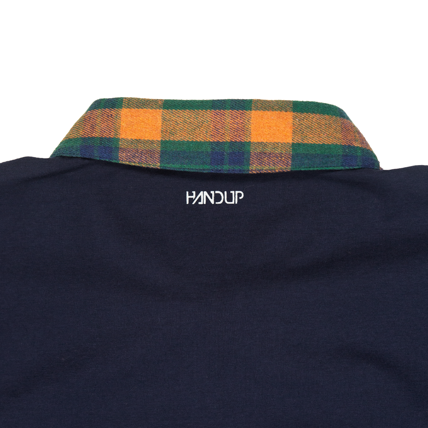 Navy blue shirt with a plaid collar and 'Handup' branding on a white background