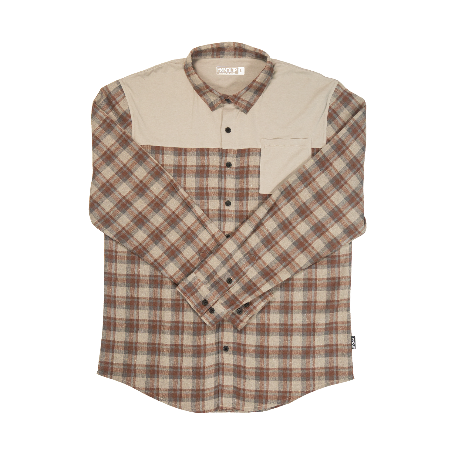 Plaid shirt with beige collar and brown plaid body on a white background