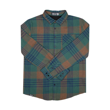 A long-sleeve plaid button-up shirt, featuring a green, brown, and blue tartan pattern, laid flat against a white background.