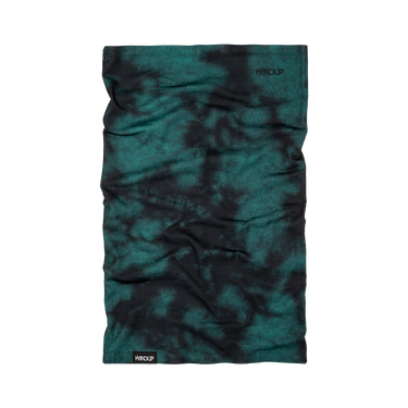 A dark teal and black tie-dye neck gaiter with 'HANDUP' branding printed on the top right and bottom left corners, displayed flat against a solid white background.