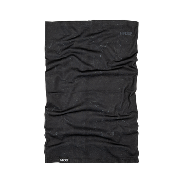A black textured neck gaiter or balaclava with a subtle distressed pattern, featuring the brand name 'HANDUP' printed in gray near the top right and white near the bottom left, shown flat against a solid white background.