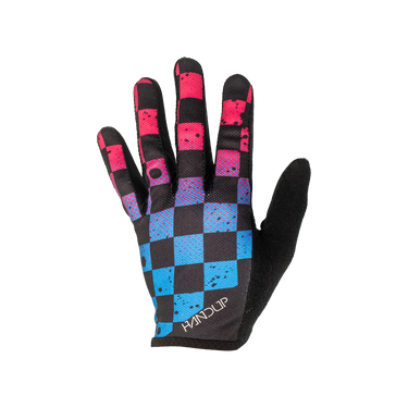 Glove with black, pink, and blue checkered pattern on a white background