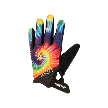 A single HANDUP brand glove featuring a vibrant rainbow tie-dye spiral pattern on the back of the hand, with black palms and wrist strap.