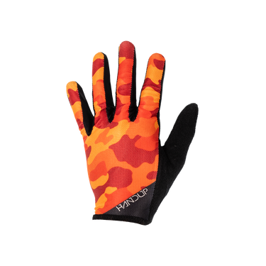 Orange and black glove with a flame pattern on a white background