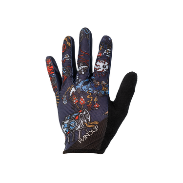 Gloves with colorful designs on a white background