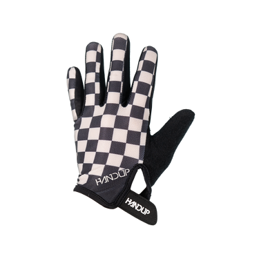 A single checkered racing glove with a black and white checkerboard pattern on the back of the hand, black palms and fingers, and white 'HANDUP' branding on the wrist strap, shown against a plain white background.