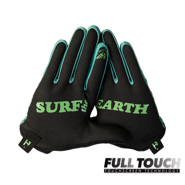 Black gloves with green text 'Surf the Earth' on a white background