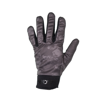 A single dark gray and black camouflage winter glove shown flat against a solid white background, featuring a black wrist strap with a debossed brand logo.