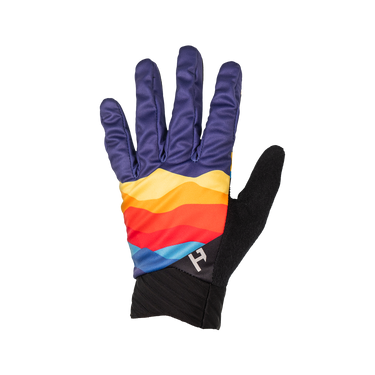 A single protective glove shown from the back, featuring a purple finger section, a black palm side, and a vibrant rainbow gradient stripe pattern across the back.