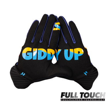 A pair of black athletic gloves with blue trim and a large 'GIDDY UP' graphic in yellow and blue on the back of the hands. The gloves are displayed against a plain white background, with a 'FULL TOUCH TOUCHSCREEN TECHNOLOGY' logo overlay in the bottom right corner.