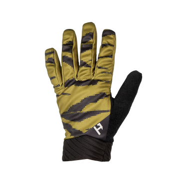 A single athletic glove shown flat against a solid white background. The glove features a metallic olive-gold back with a black geometric pixelated pattern across the fingers and back, and a solid black palm side.