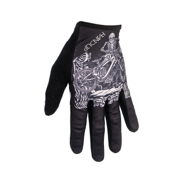 Black glove with white skeleton and motorcycle design on a white background