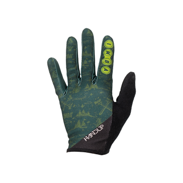 A single PNDUP brand work glove shown flat against a white background. The glove features a dark green and black camouflage pattern on the back of the hand, a solid black palm side, and bright neon yellow grip dots on the fingers.